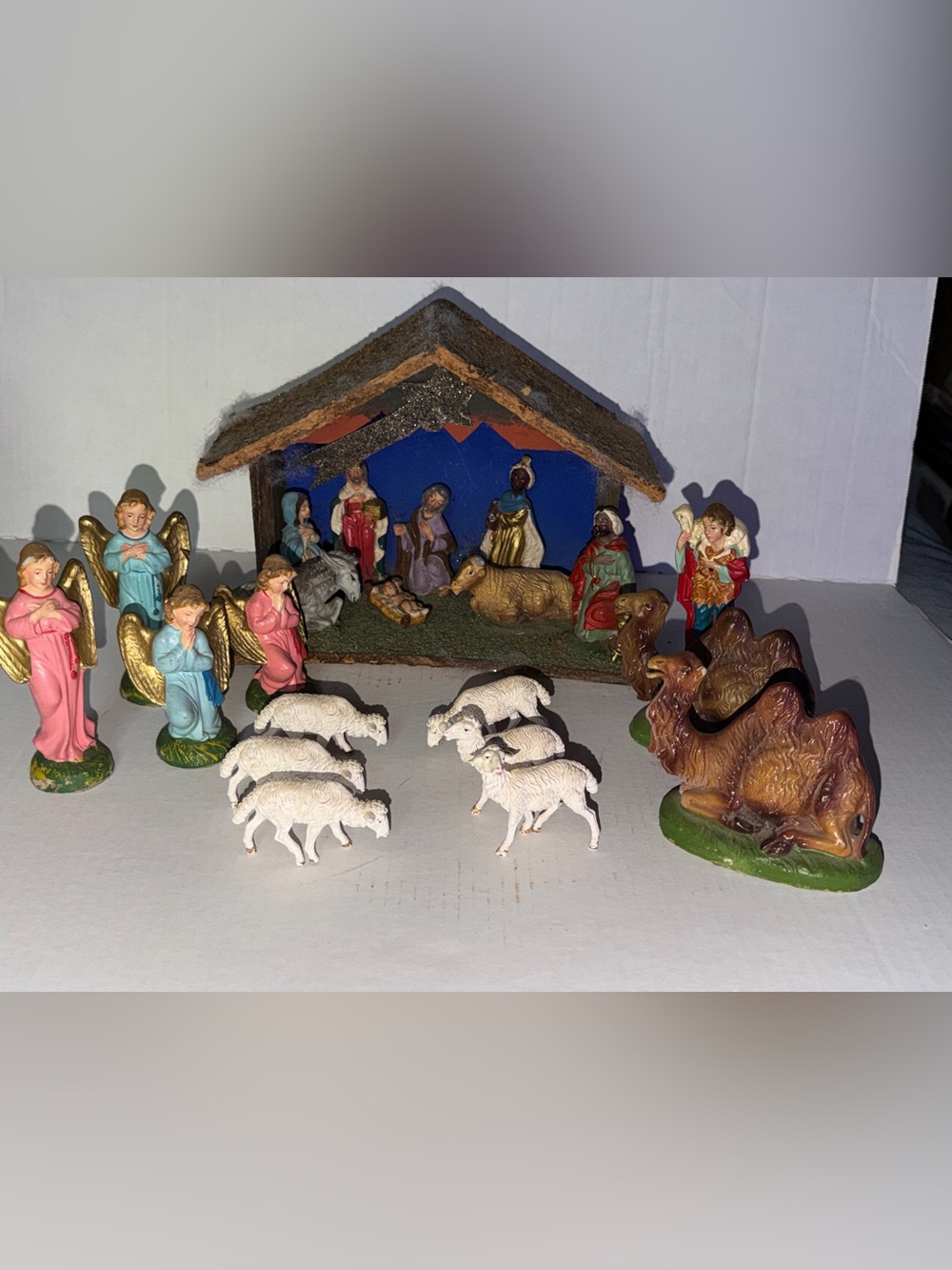 Vintage Italian Nativity Scene Set Shepherd Sheep Angel Figures Hand Painted